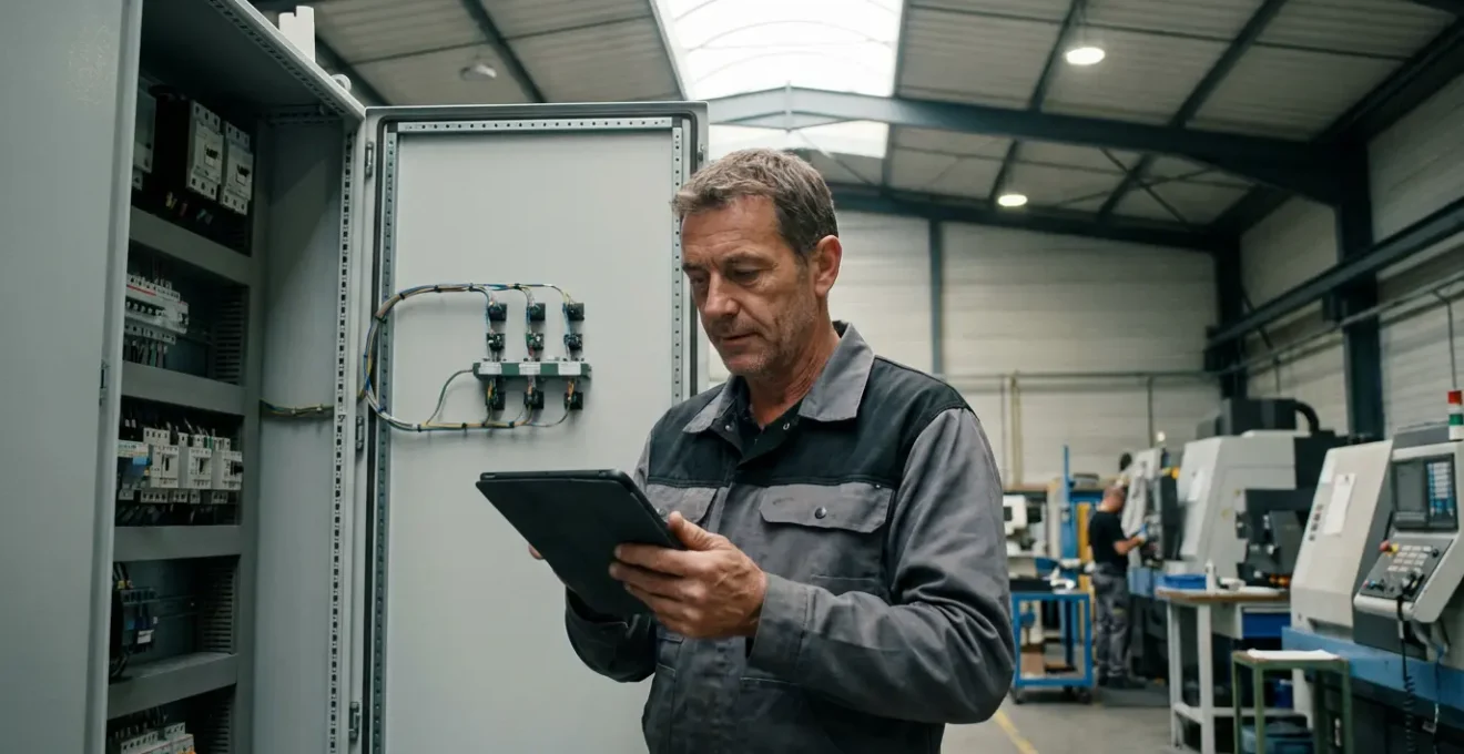 Technicien de maintenance consultant son planning sur tablette devant équipement industriel