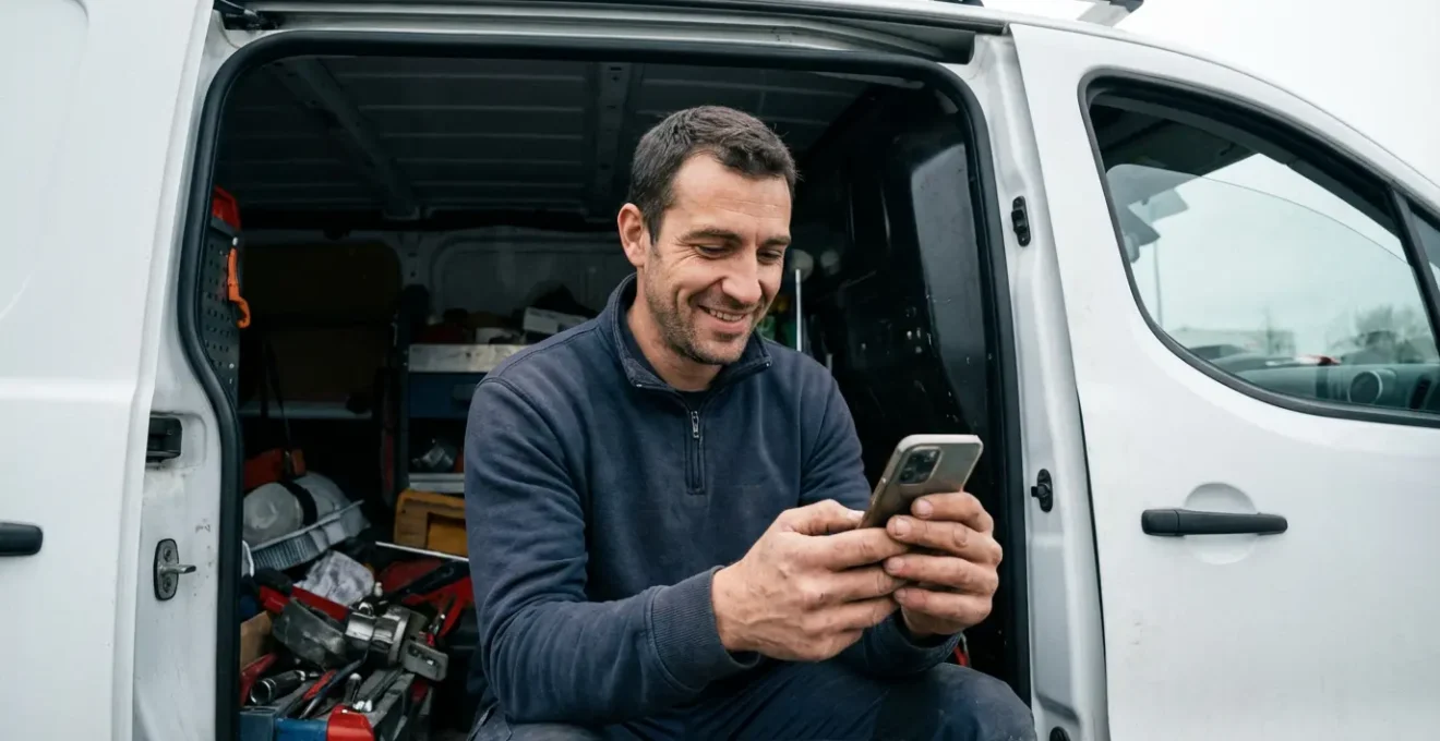 Technicien terrain complétant son rapport d'intervention sur smartphone dans son utilitaire
