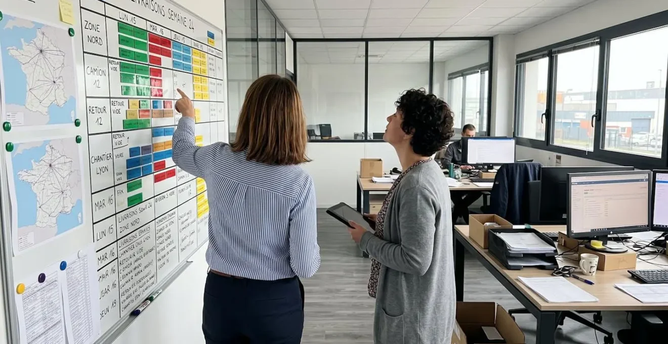 Deux collègues de dos devant un planning mural magnétique avec cartes colorées et annotations manuscrites, l'un pointant le tableau, l'autre tenant une tablette, bureau logistique contemporain en lumière naturelle.