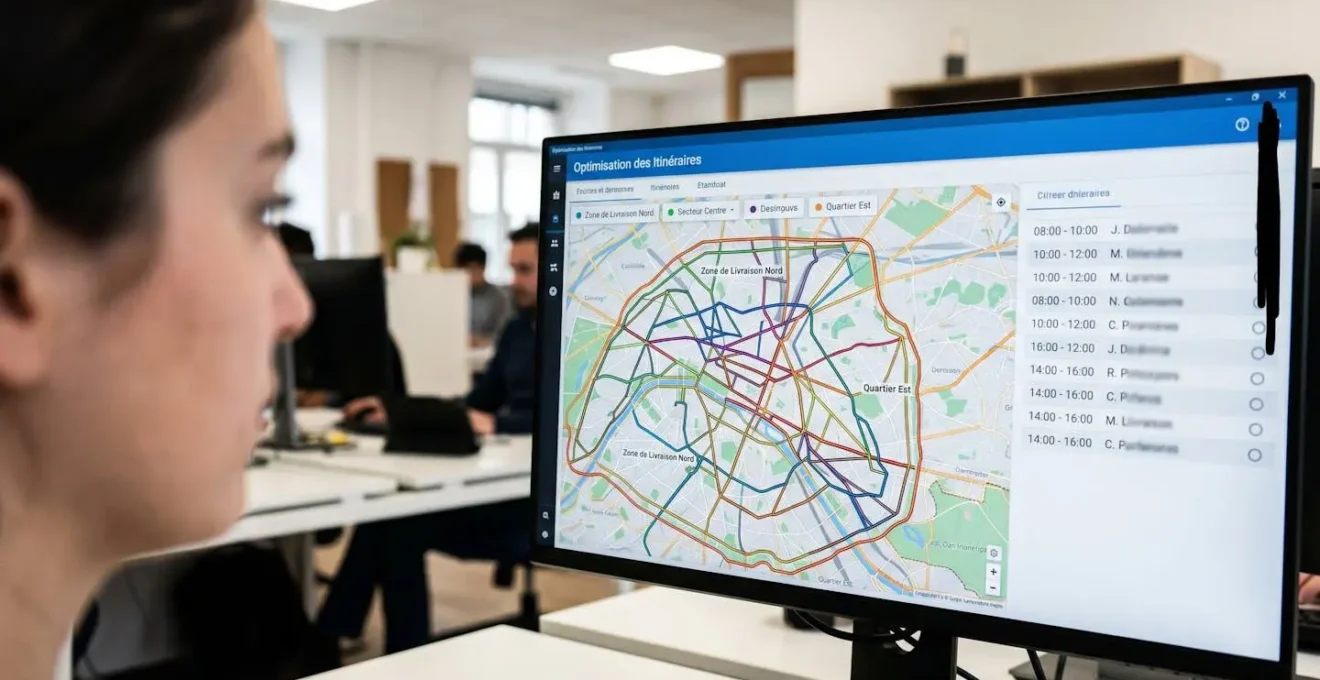 Gros plan écran ordinateur affichant interface logiciel optimisation tournées avec carte routes colorées multiples, créneaux horaires visibles, noms conducteurs partiellement flous, profil personne flou au premier plan.