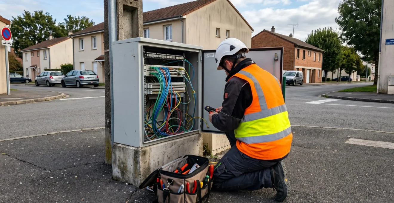 Technicien de dos agenouillé devant armoire équipement technique ouverte secteur télécom ou énergie, gilet haute visibilité et casque, câbles colorés multiples visibles, sacoche outils au sol, immeuble résidentiel en arrière-plan.