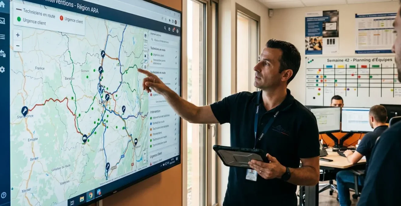 Coordinateur d'interventions debout devant un écran mural affichant une carte de tournées en temps réel, tenant une tablette dans un centre de dispatch moderne en France