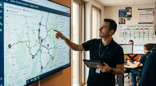 Coordinateur d'interventions debout devant un écran mural affichant une carte de tournées en temps réel, tenant une tablette dans un centre de dispatch moderne en France