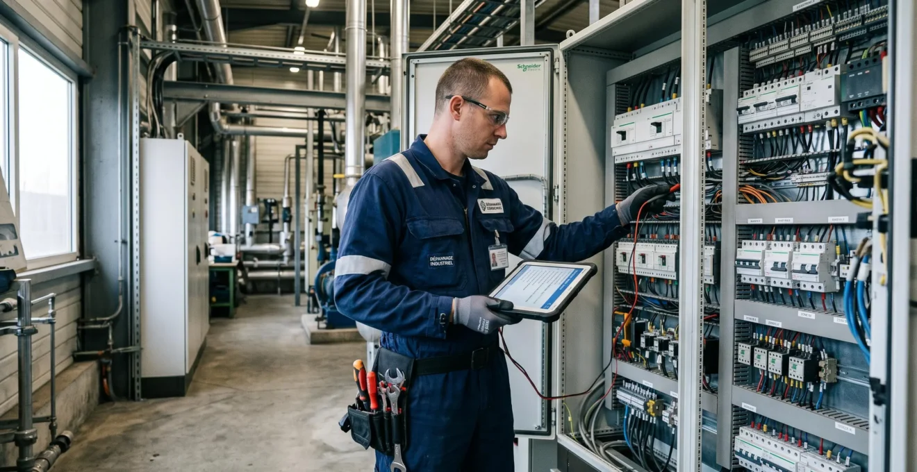 Technicien de maintenance réalisant un diagnostic sur une armoire électrique industrielle avec tablette professionnelle en France